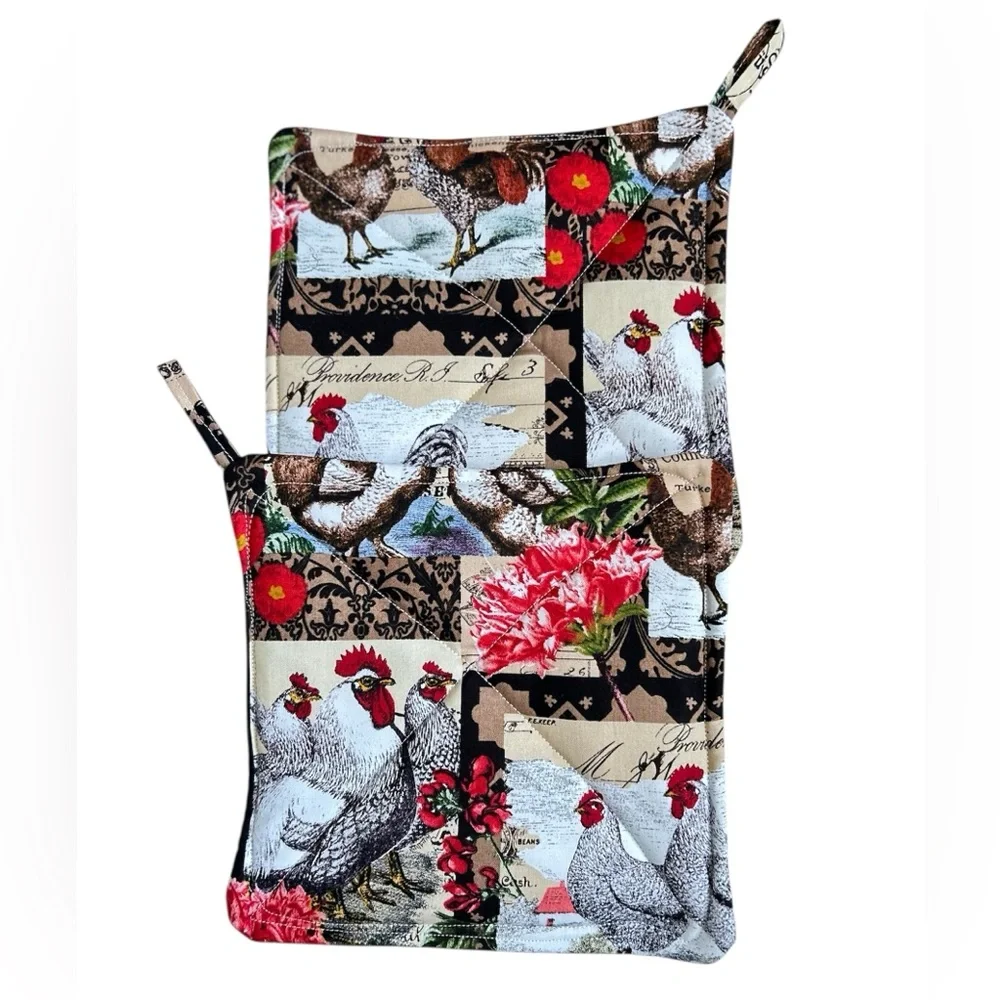 Hand Crafted Farmhouse Red Roosters Potholders Set Fabric Hot Mats Trivet